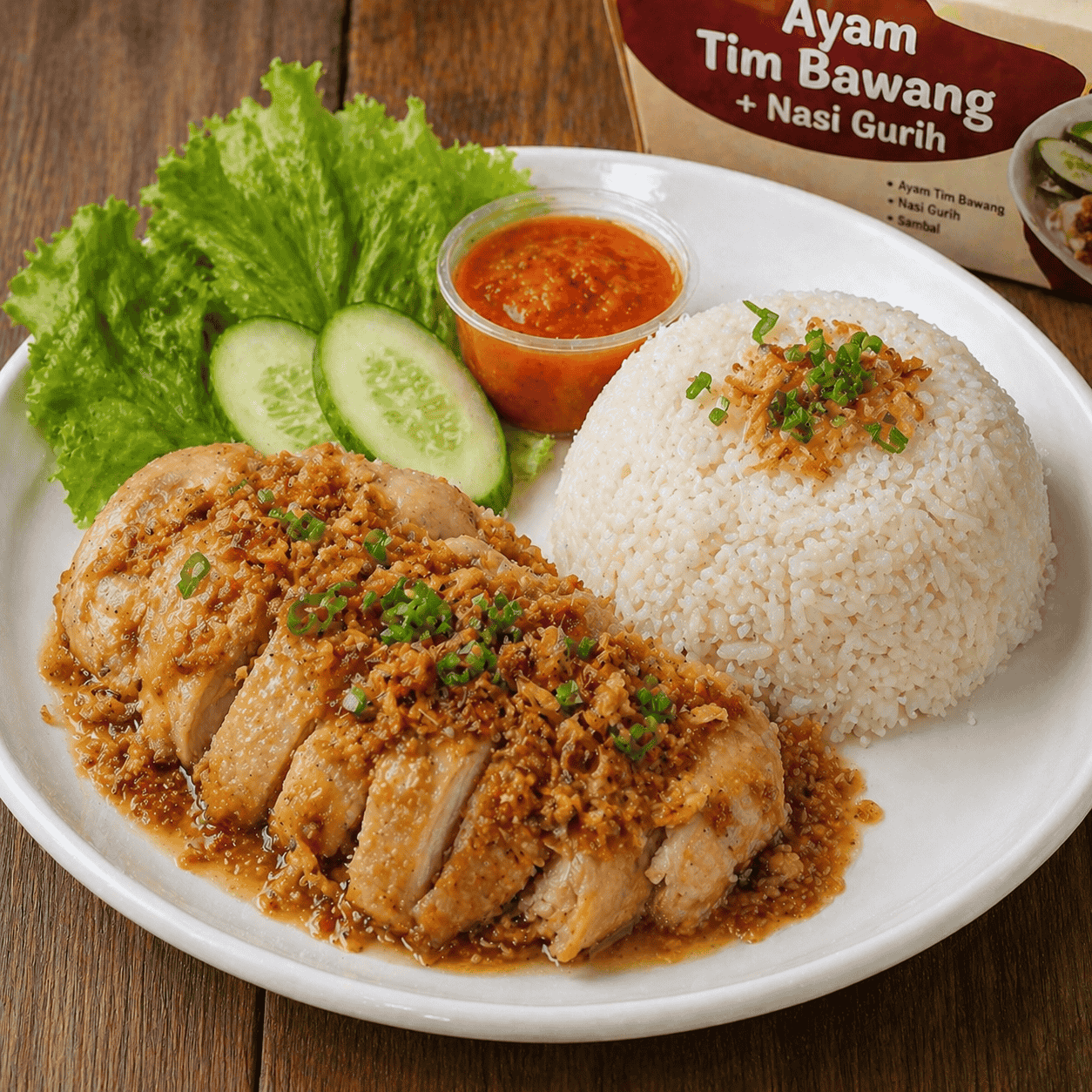 Paket Ayam Tim Bawang dengan nasi gurih, lalap, dan sambal